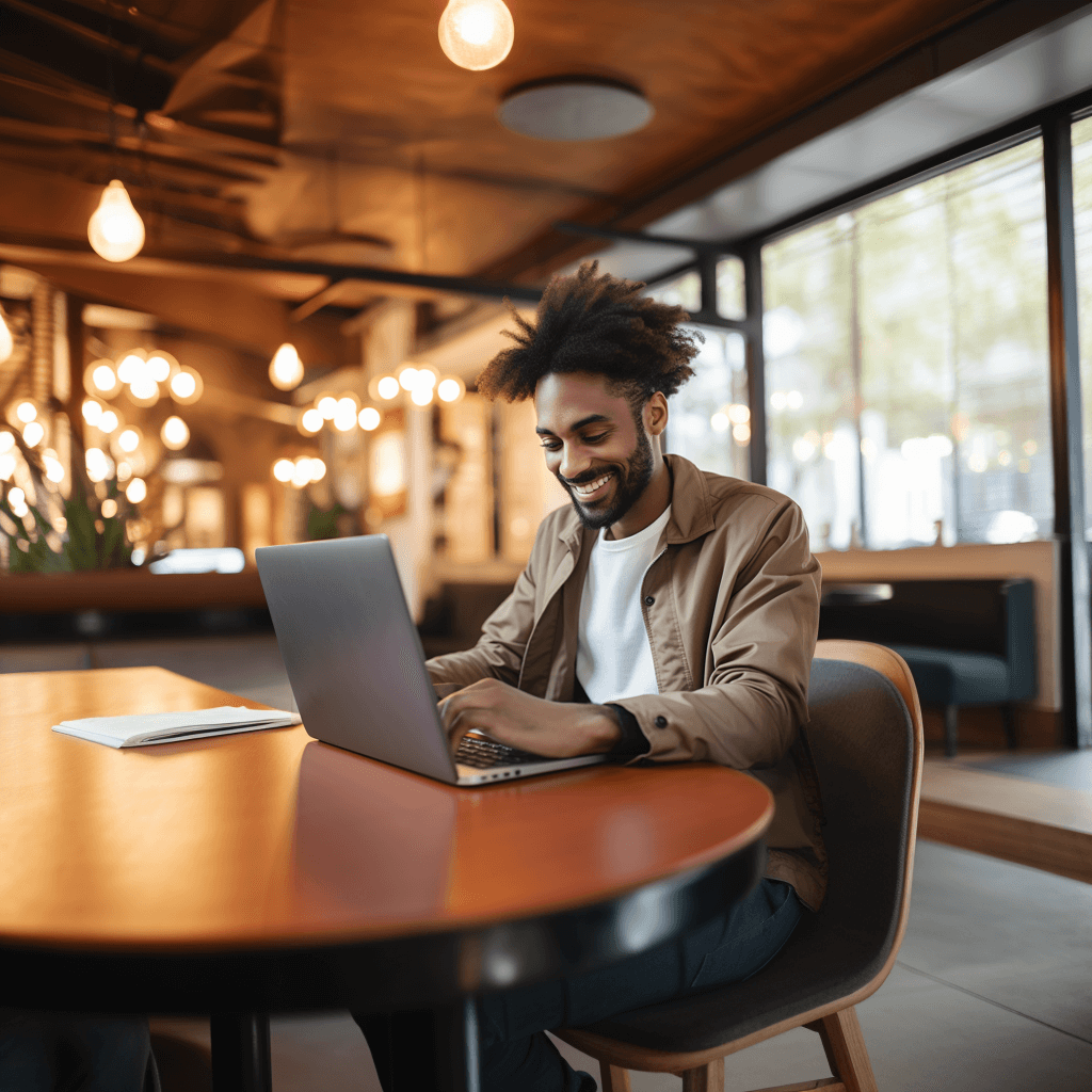 young professional working on computer smiling
